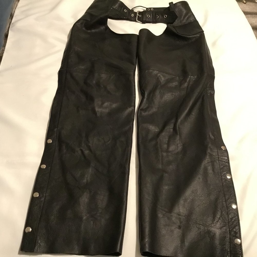 Silver Bike Adult Leather Chaps Size Medium Black Full Zip Leg Adjustable Waist